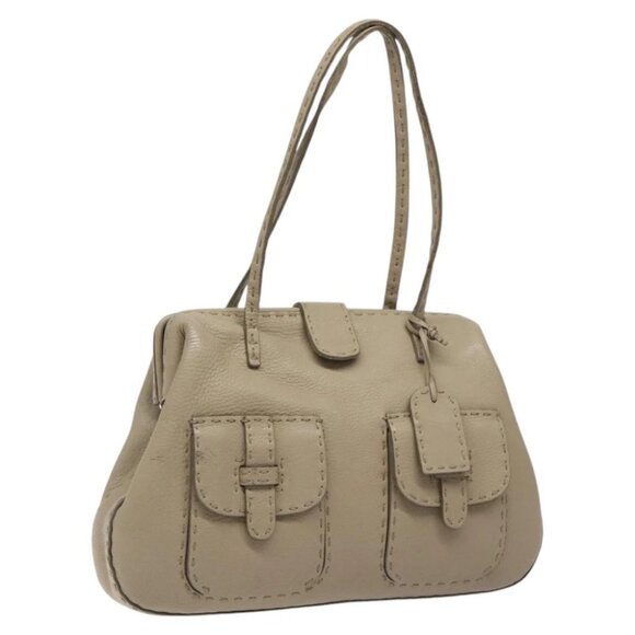 FENDI Celeria Tote Bag Leather Beige Auth 117585 - Picture 1 of 14